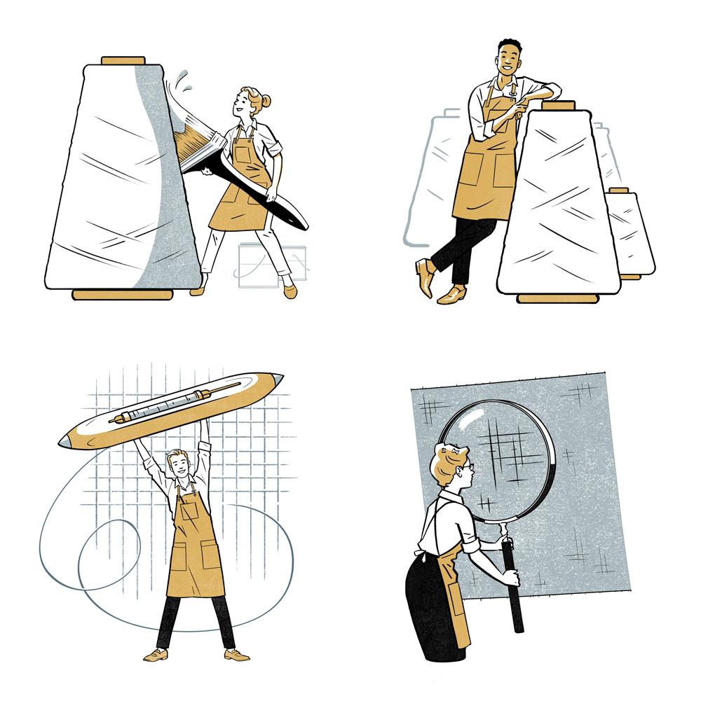 four conceptual editorial illustrations by Jori
Bolton. Clockwise from top left, a woman in a craftsperson's apron holding a giant paintbrush and painting a cotton spool; a man in a craftsperson's apron leaning on a giant cotton spool with other spools in the backround; a man in
a craftsperson's apron holding a giant weaving shuttle up over his head on a simplified background of a loom; and a in a craftsperson's apron holding up a giant magnifying glass to a square of denim. Artwork is black and white line
art with two colours: a golden brown hue and a light and desaturated navy blue.
