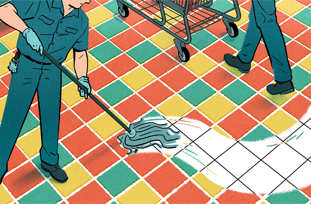 Conceptual editorial illustration of a person mopping the multi-coloured tile floor of a grocery store. Where the mop passes, it leaves only white tiles. A shopper can be seen pushing a grocery cart in the upper right corner of the illustration. Artwork by Jori Bolton for Harvard Business Review.